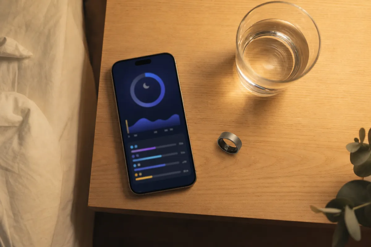 スマートリカバリーリングと睡眠スコアアプリの俯瞰フラットレイ