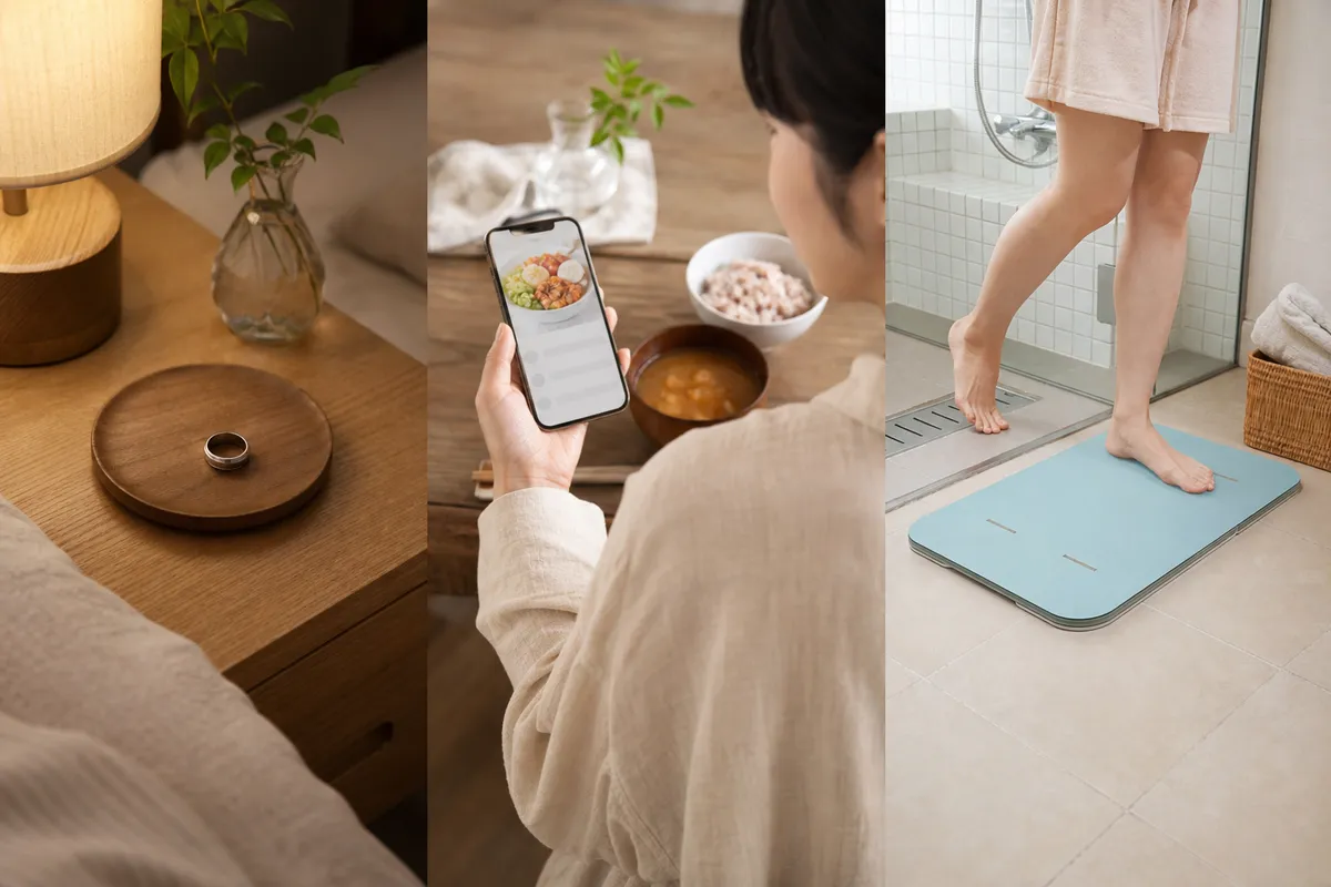 スマートリング・食事アプリ・スマートバスマットの3点セットを表す生活シーン画像