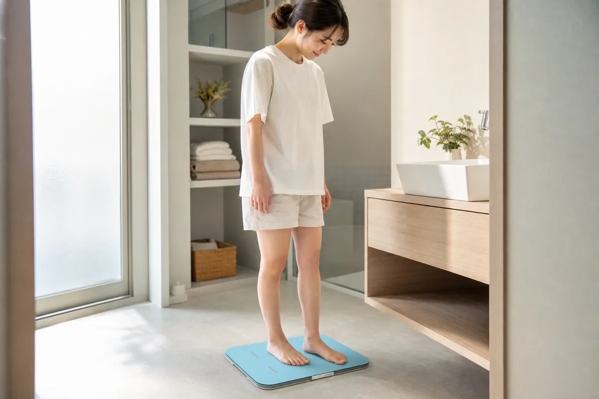 朝の浴室に置かれたスマートな体組成計