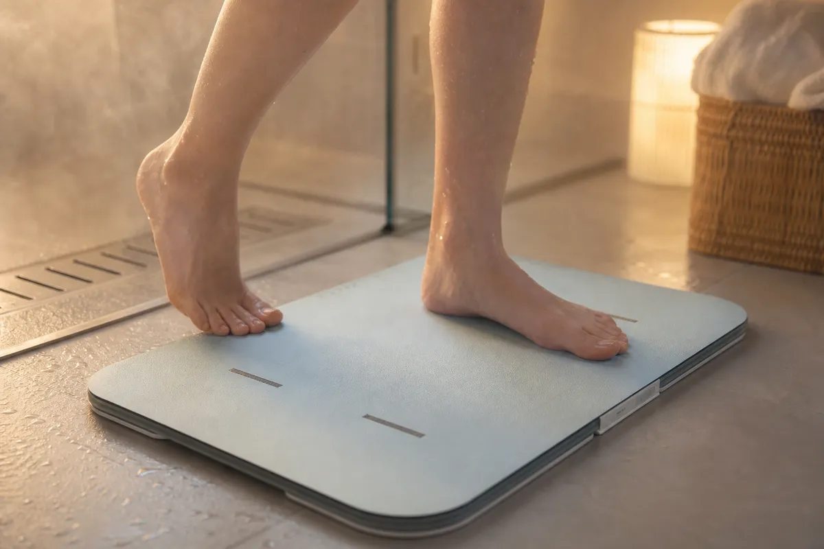 入浴後にスマートバスマットに乗る足元のクローズアップ