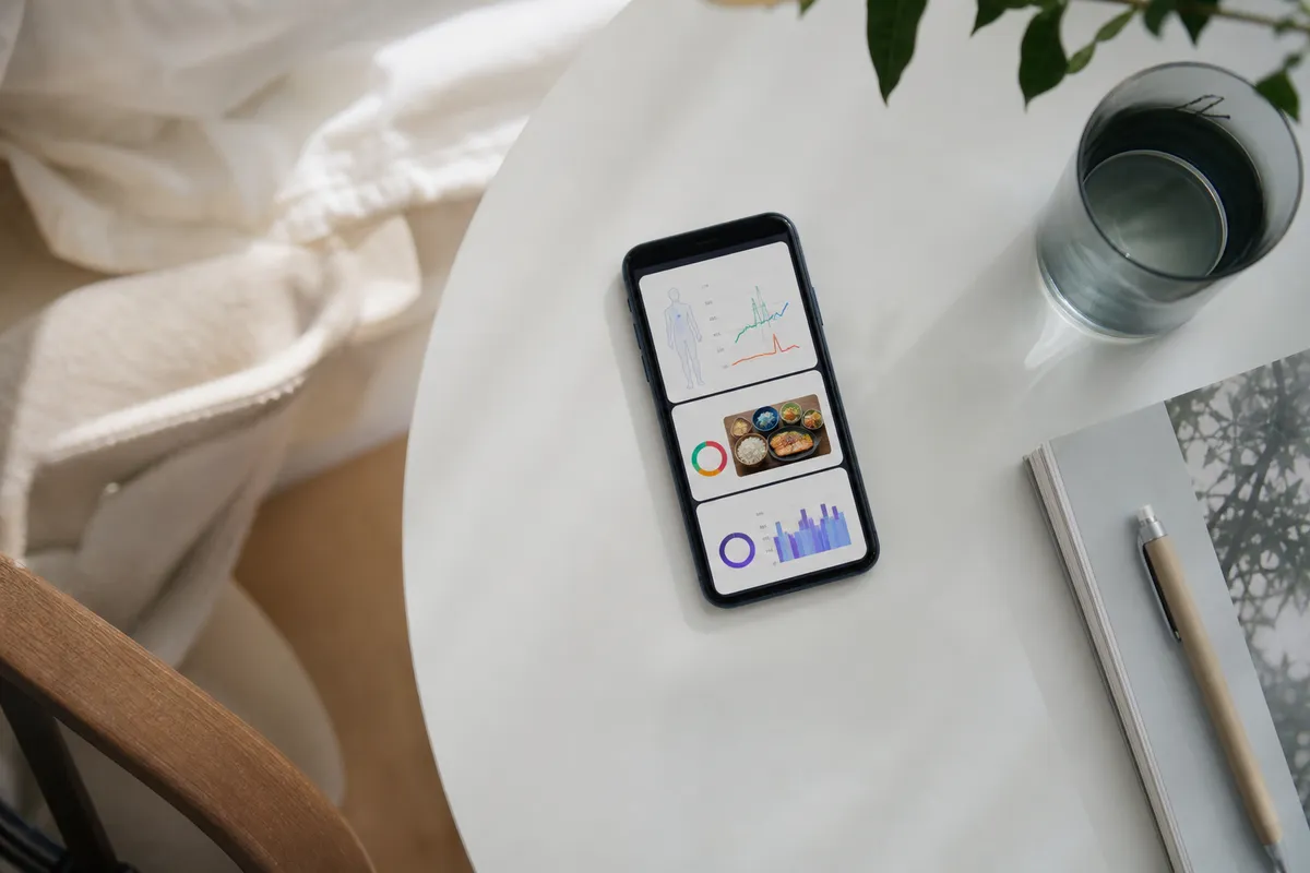 体組成・食事・睡眠スコアが表示されたスマートフォンの俯瞰ショット