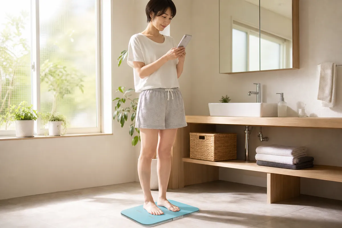 洗面所でスマートフォンの健康データを確認する人物と朝の光
