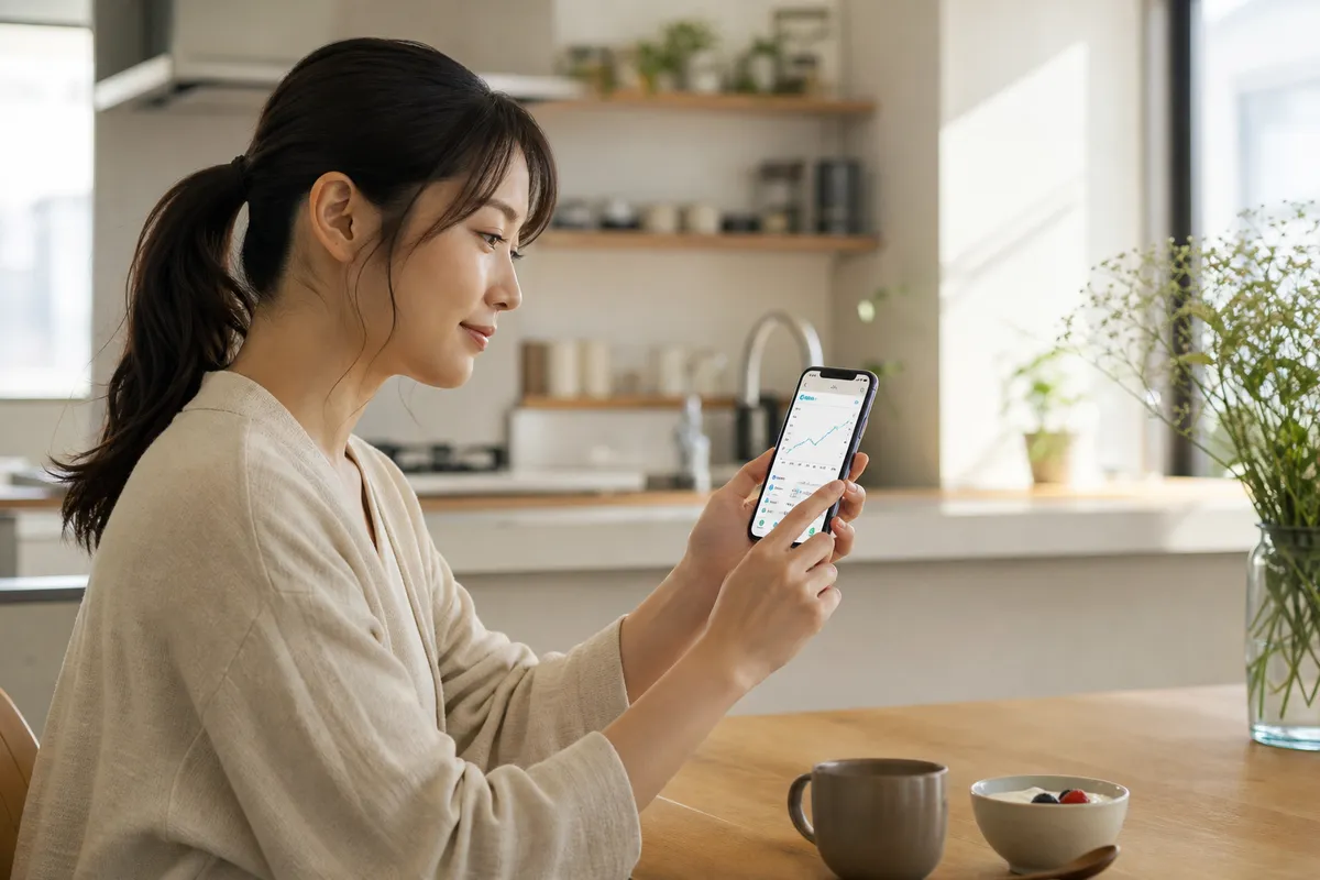朝のキッチンでスマートフォンの体組成グラフを確認する人