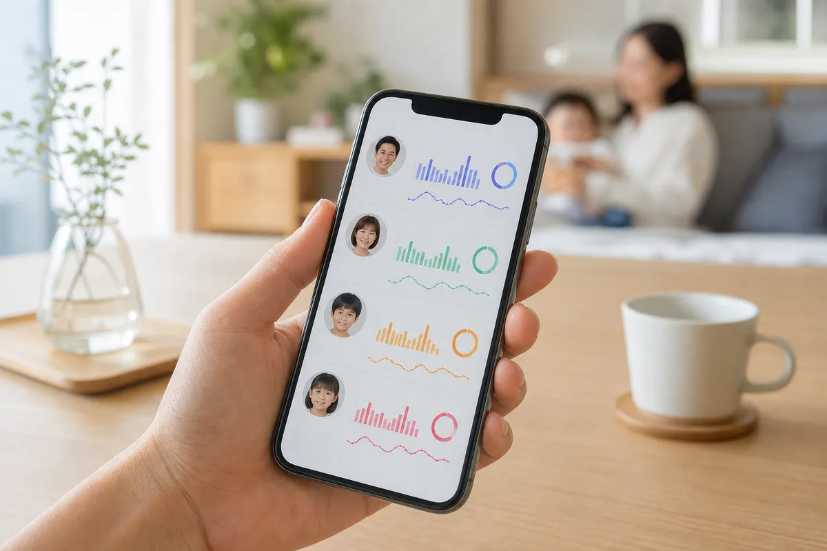 家族全員の健康データをアプリで個別管理するイメージ