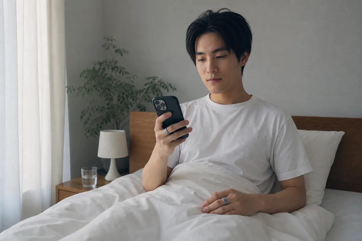 朝起きてスマートフォンのHRVスコアを確認する人
