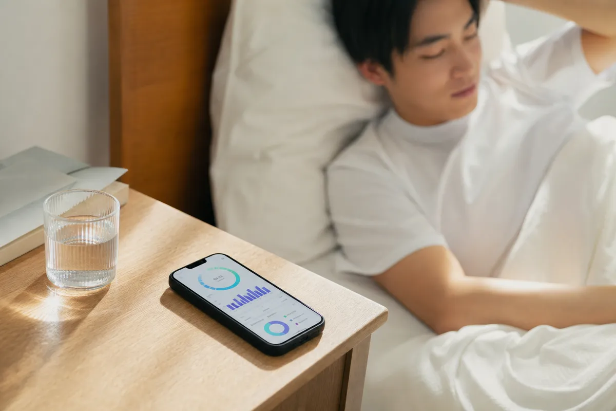 睡眠スコアのアプリ画面・朝のベッドサイド