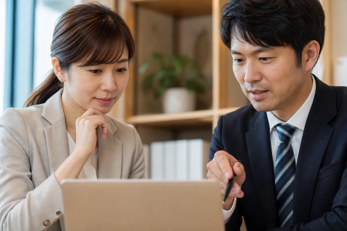健保組合と企業の人事担当者が健康データを共同確認している場面