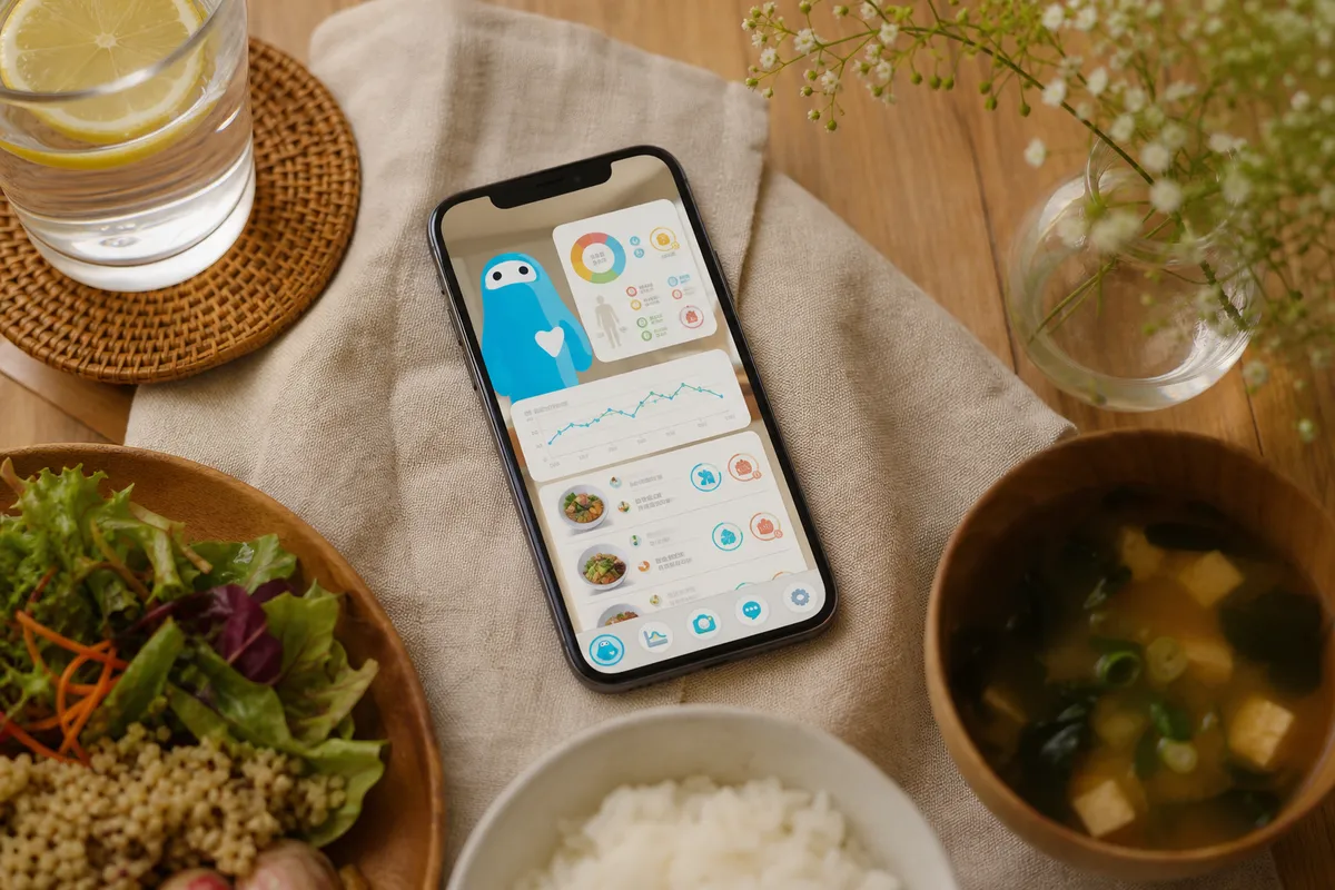 体組成データと食事記録が表示された健康管理アプリのスマートフォン俯瞰