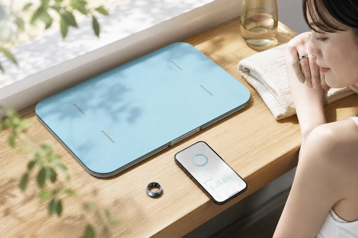 issinエコシステムの製品3点を俯瞰で見せるライフスタイルシーン