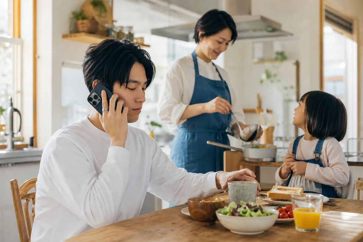 家族が朝食を一緒に準備するほのぼのとした朝の風景