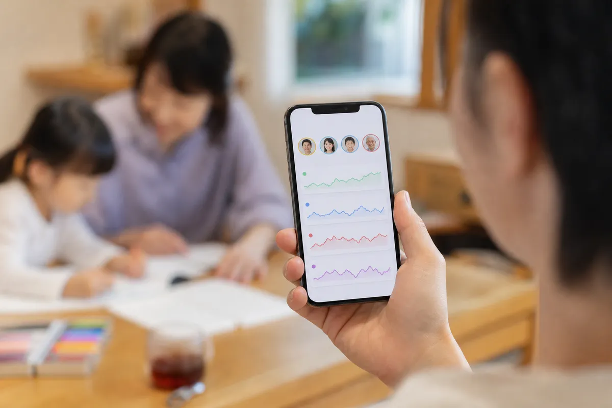 アプリで家族全員のデータを一覧するイメージ