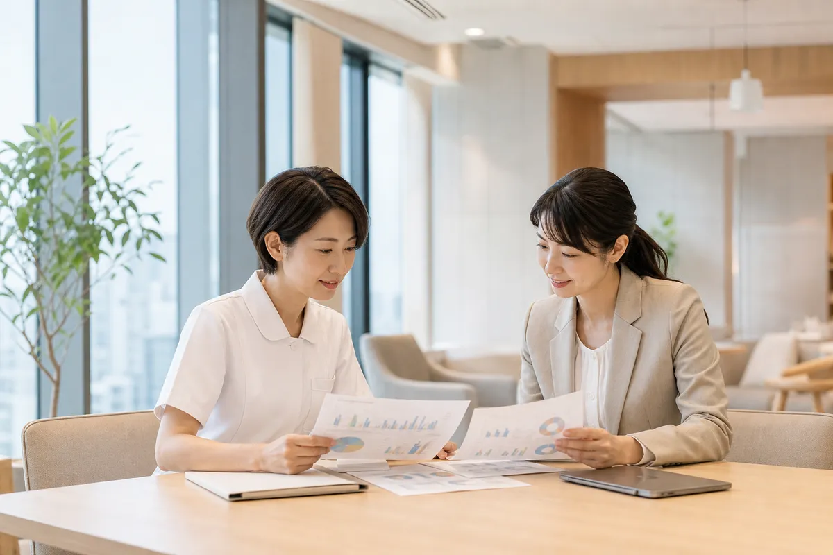 産業保健師と人事担当者が健康データのレポートを確認している場面