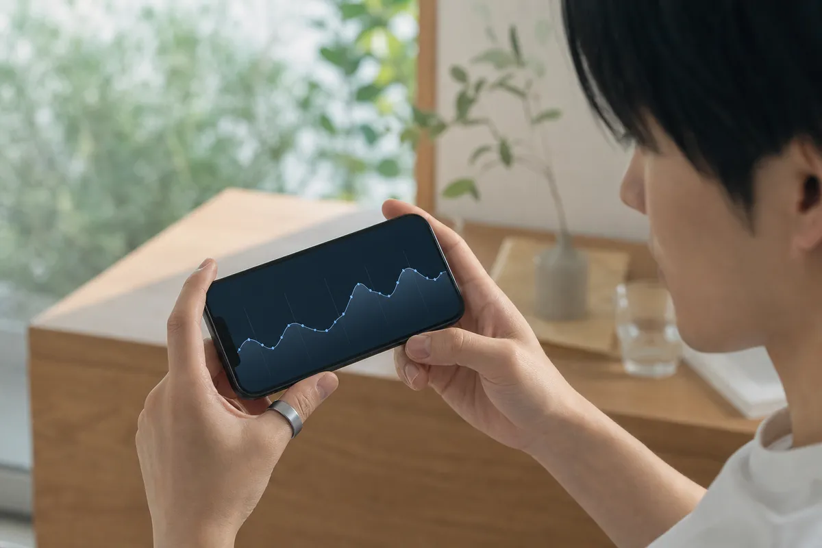 スマートリカバリーリングが寝室のベッドサイドテーブルに置かれたミニマルな情景