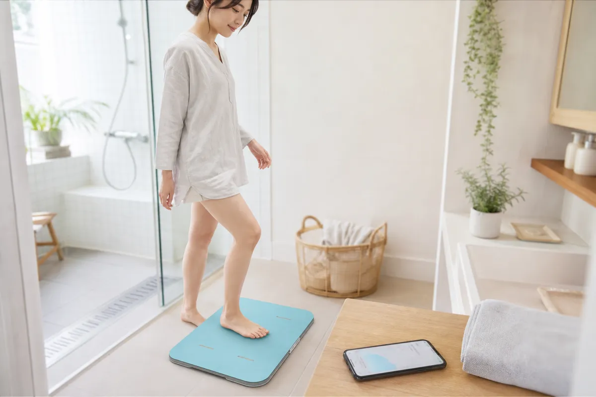 お風呂上がりにスマートバスマットで体組成を計測する朝の習慣