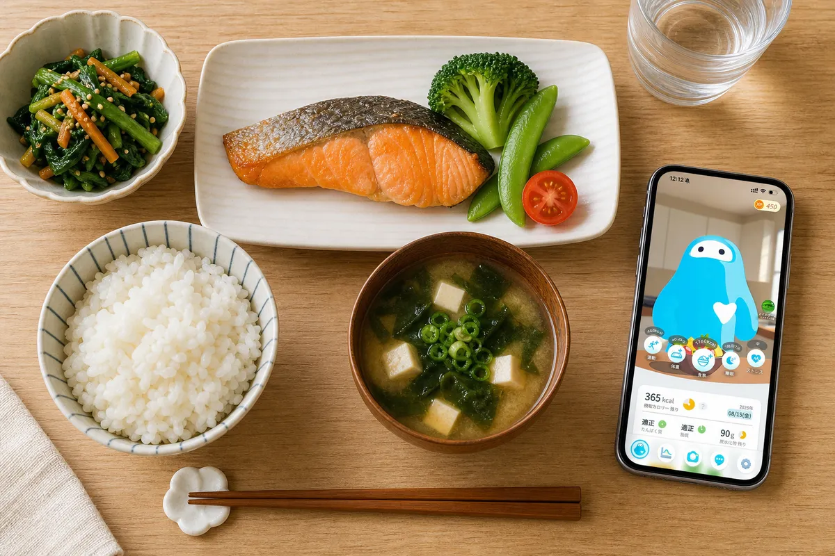 食事と栄養管理アプリを並べた俯瞰の食卓シーン
