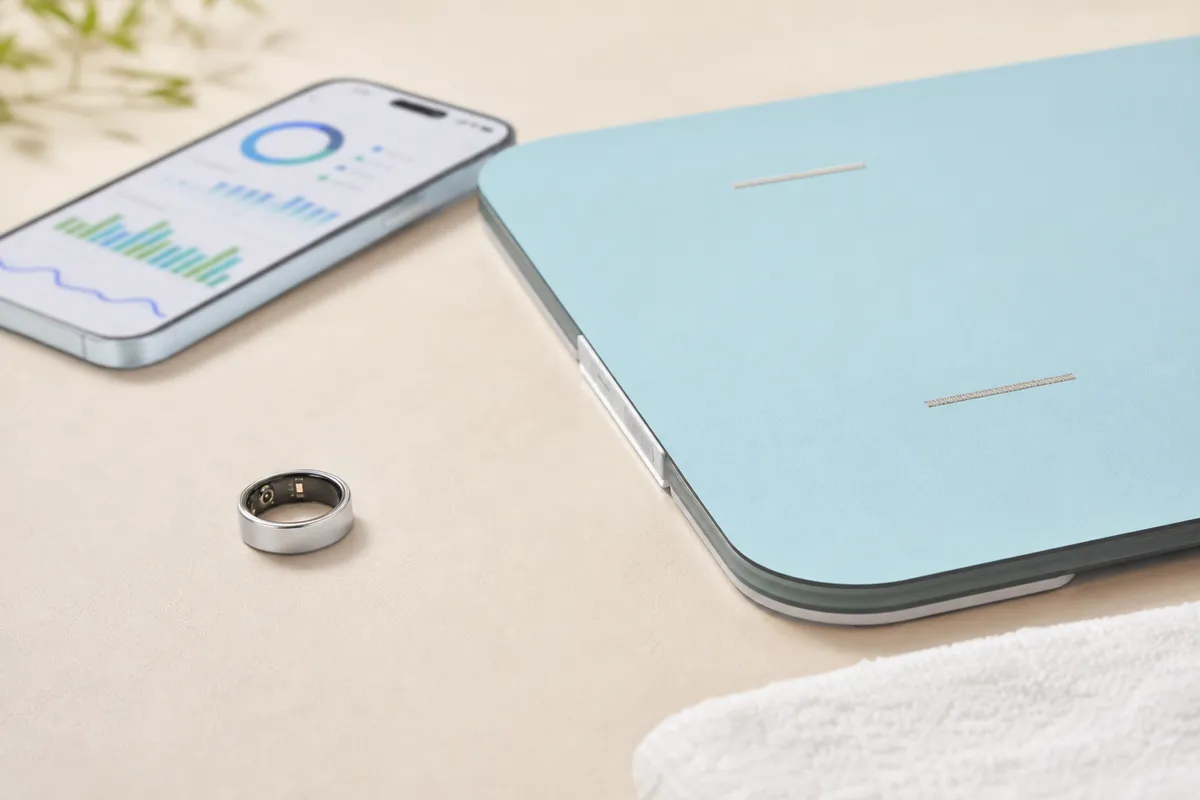 スマートリカバリーリング・スマートバスマット・健康アプリのフラットレイ俯瞰