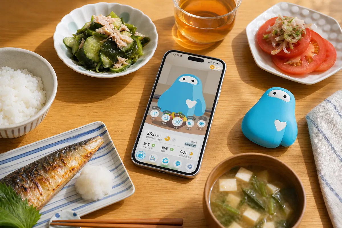 夏の食事とAI栄養解析アプリ画面の俯瞰フラットレイ