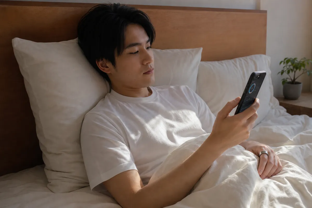 朝の習慣としてスマートリングのスコアを確認するシーン