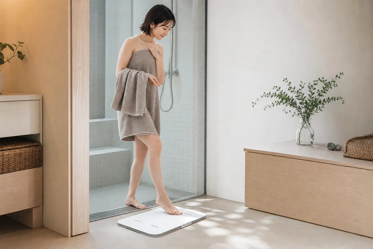 スマートバスマットに乗る人物のバスルームシーン