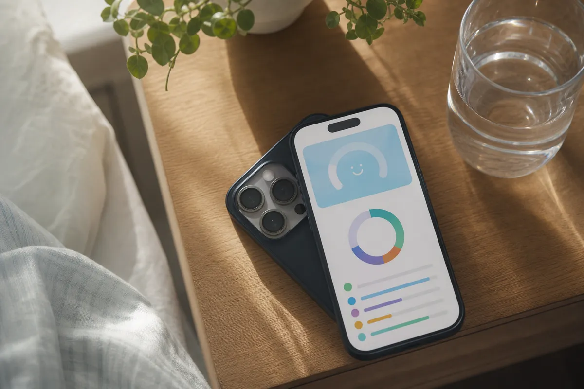 朝のキッチンでスマートフォンの健康アプリダッシュボードを確認する場面
