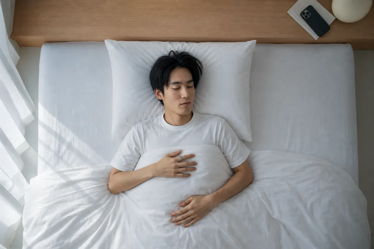 睡眠デバイスをつけて眠る人の朝の情景