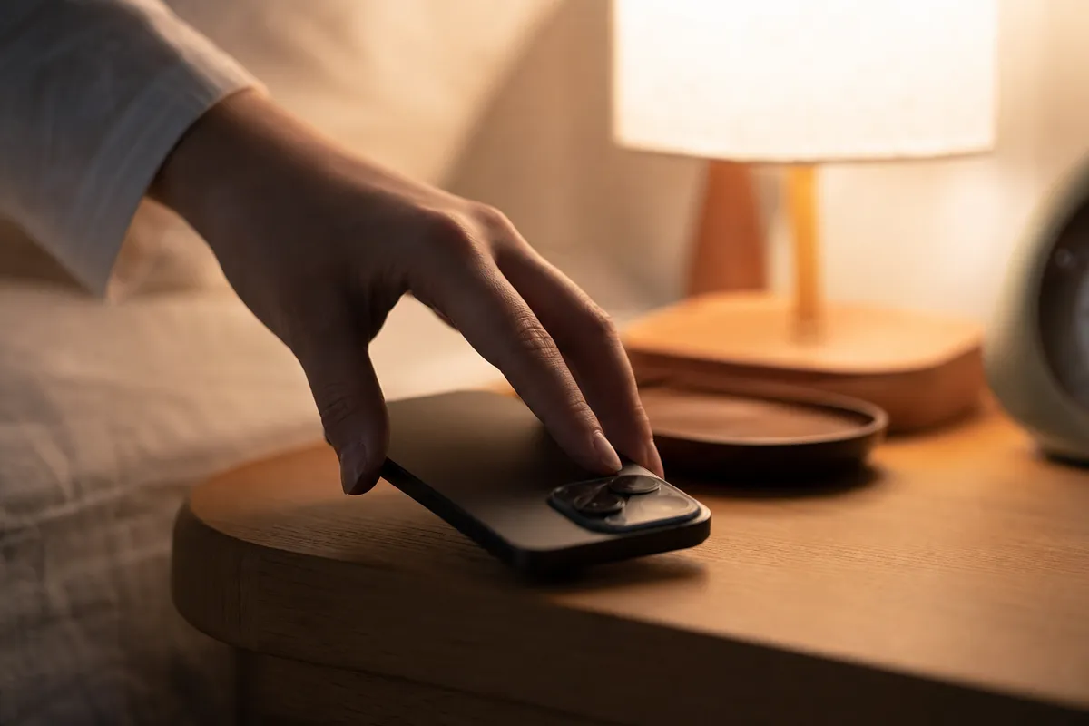 スマートフォンを伏せて睡眠準備をする手元のクローズアップ