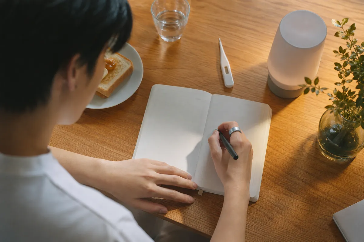 スマートリングを着けながら健康ログをつける様子