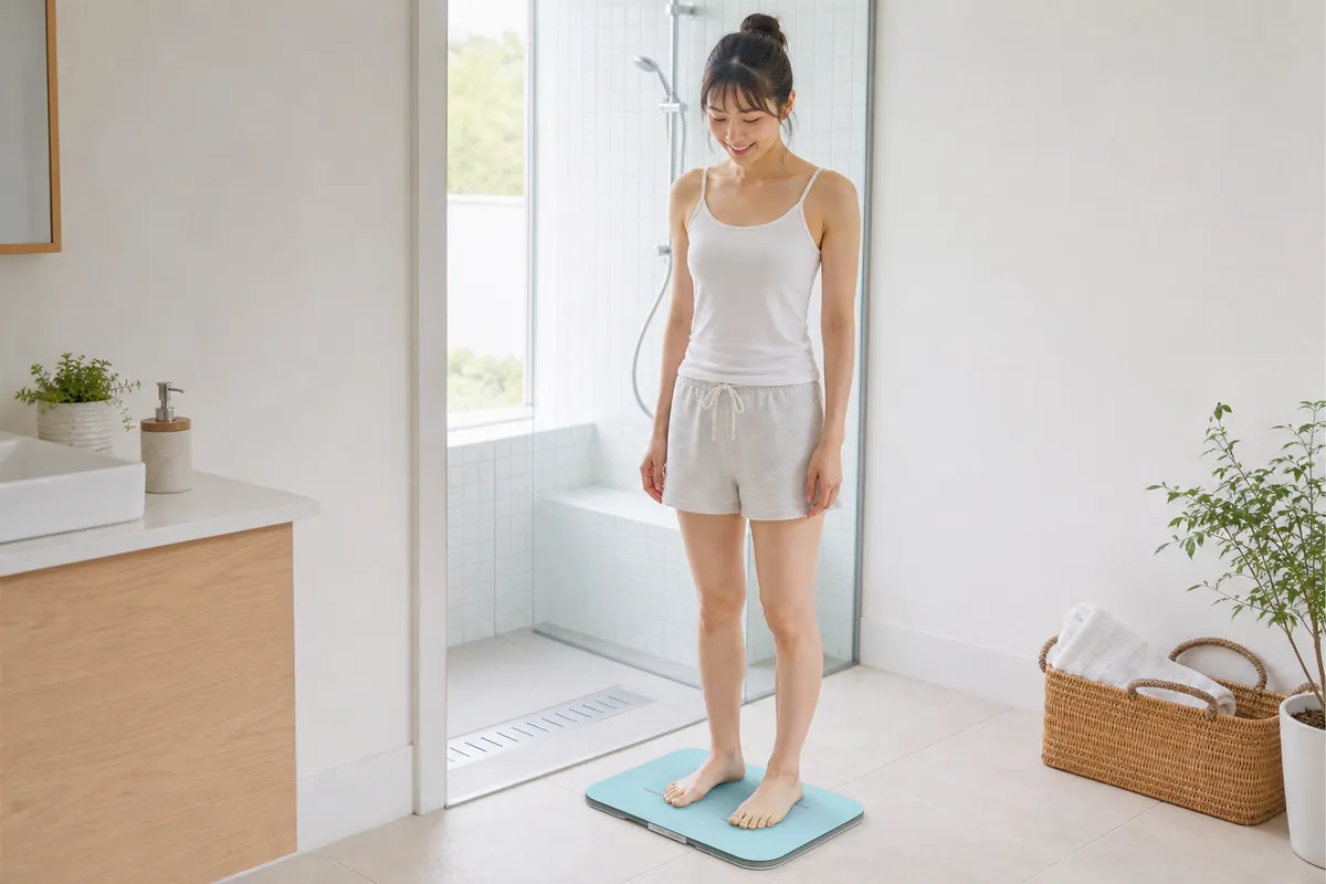 スマート体重計に乗る人物、明るいバスルーム