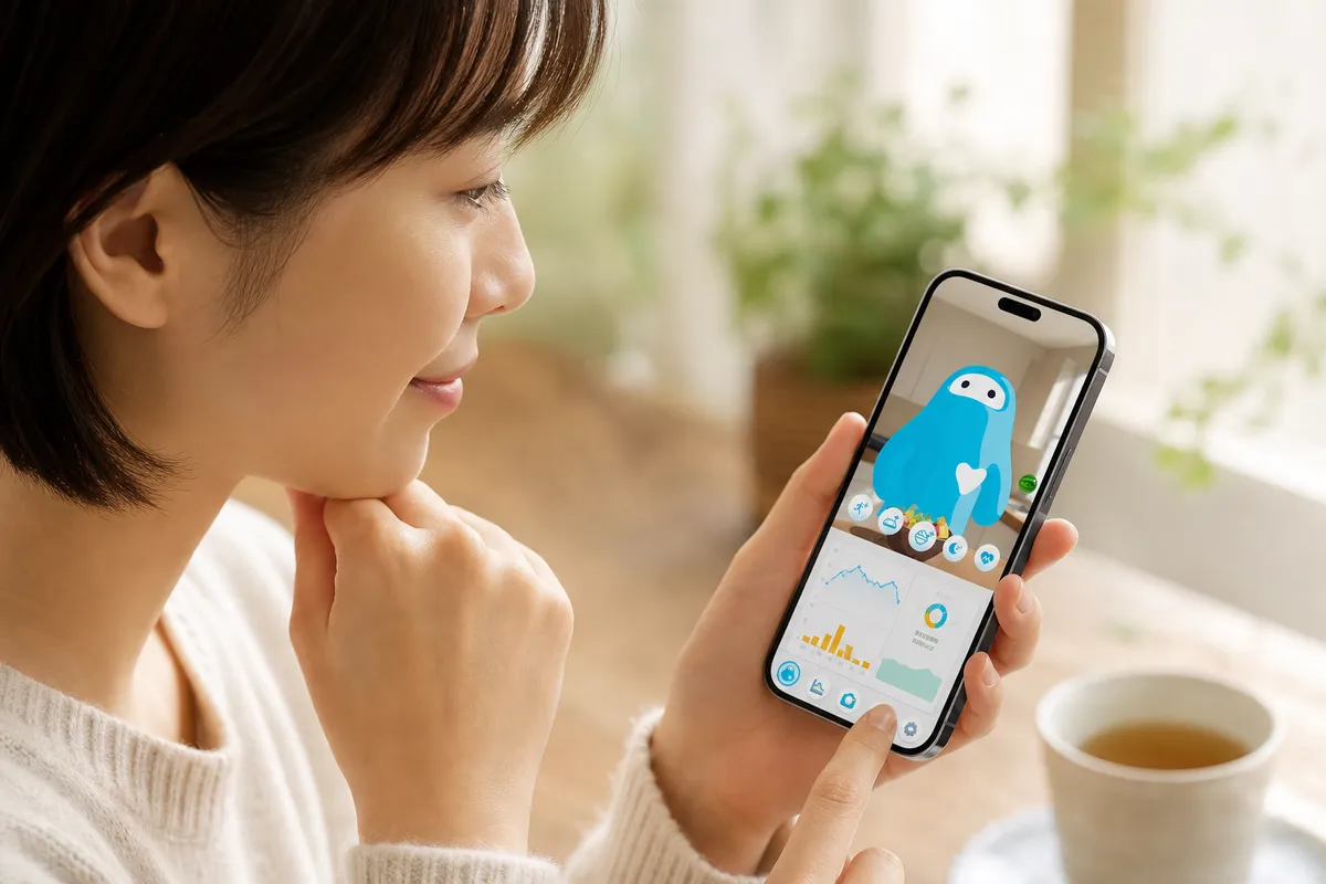 スマートフォンのアプリで体組成トレンドを確認する人物