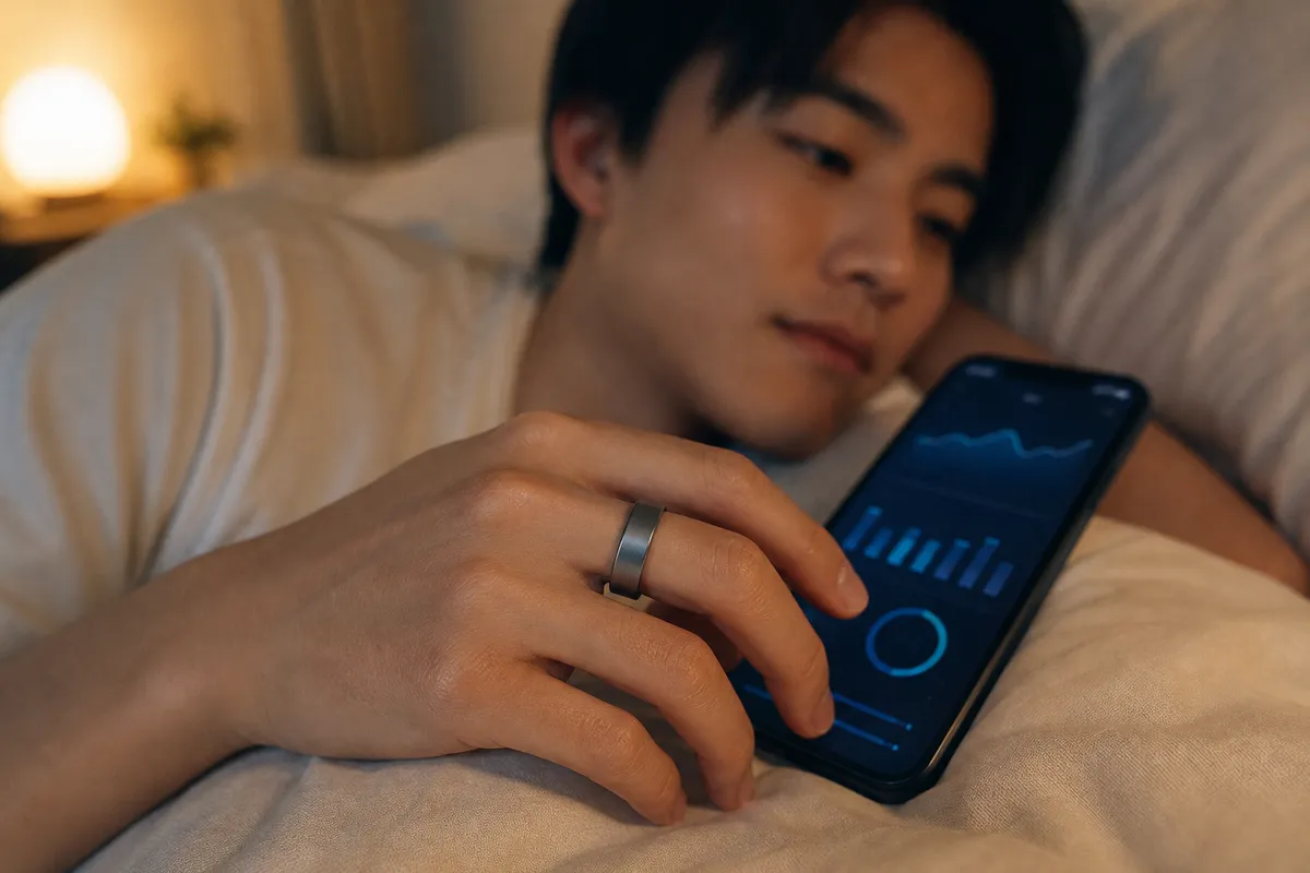スマートリカバリーリングと健康データグラフのスマートフォン画面