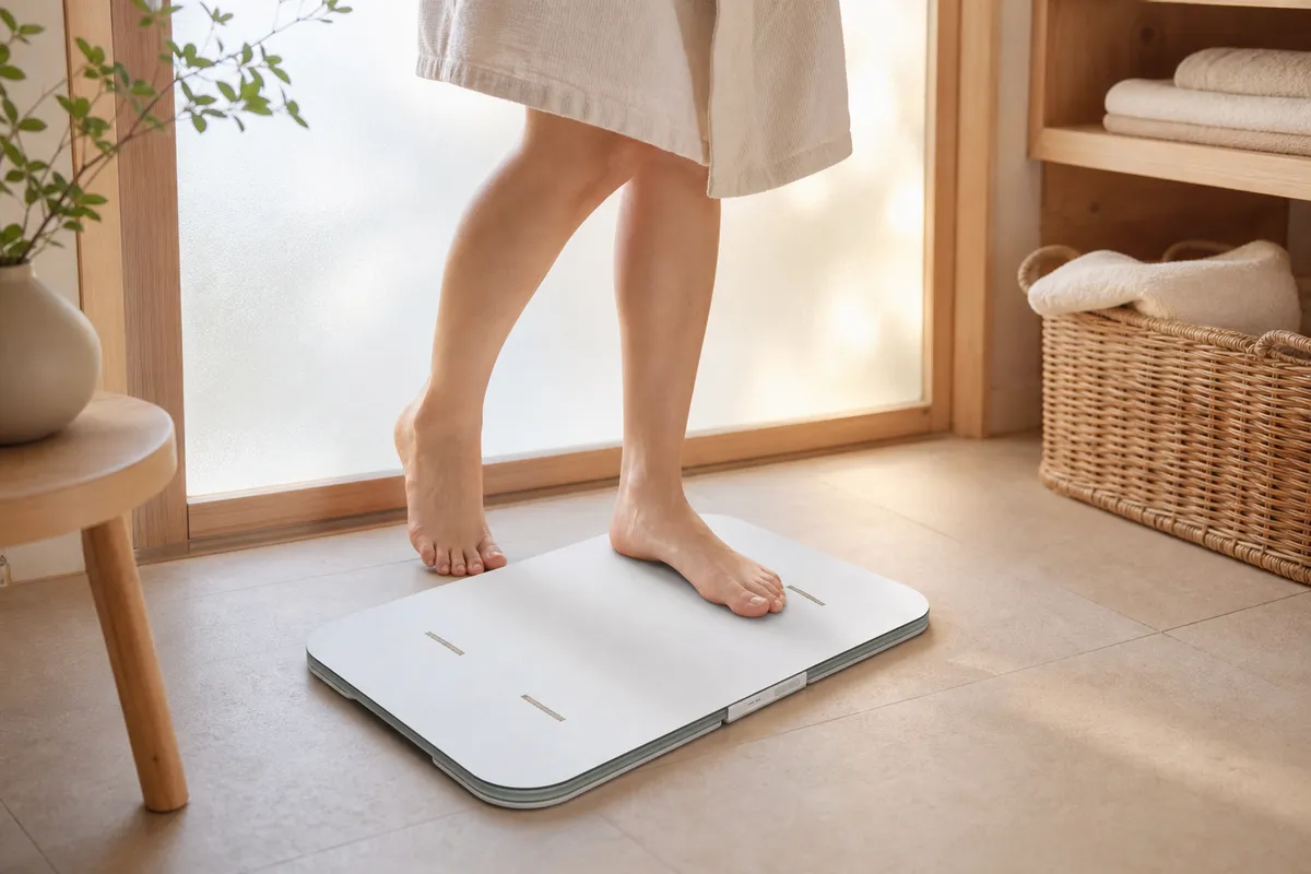 お風呂上がりにスマートバスマットに乗る人のイメージ